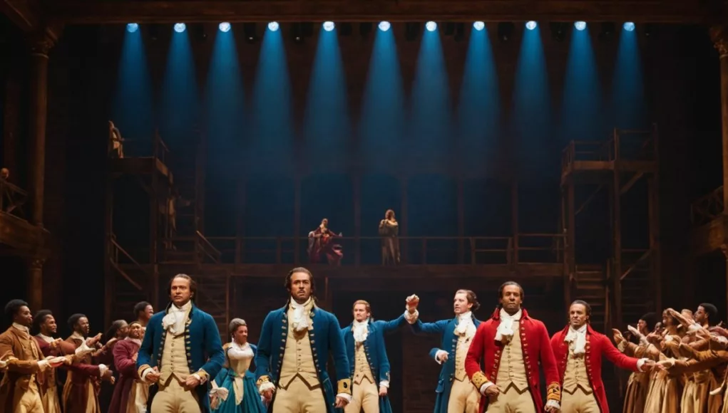 Actors performing a scene from 'Hamilton' on stage.