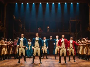 Actors performing a scene from 'Hamilton' on stage.