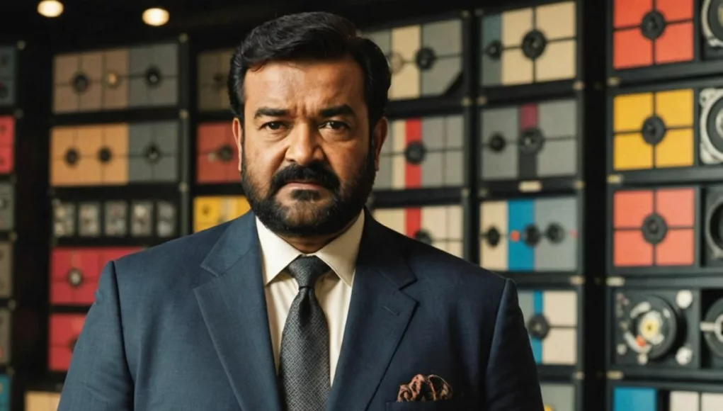 Mohanlal in a suit with film industry backdrop