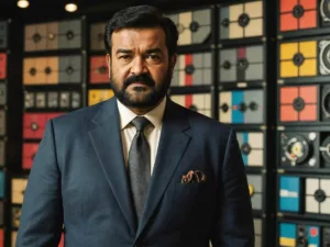 Mohanlal in a suit with film industry backdrop