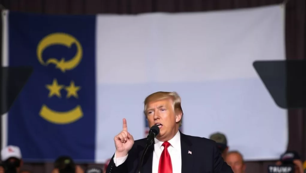 Trump speaking at podium with NC flag.