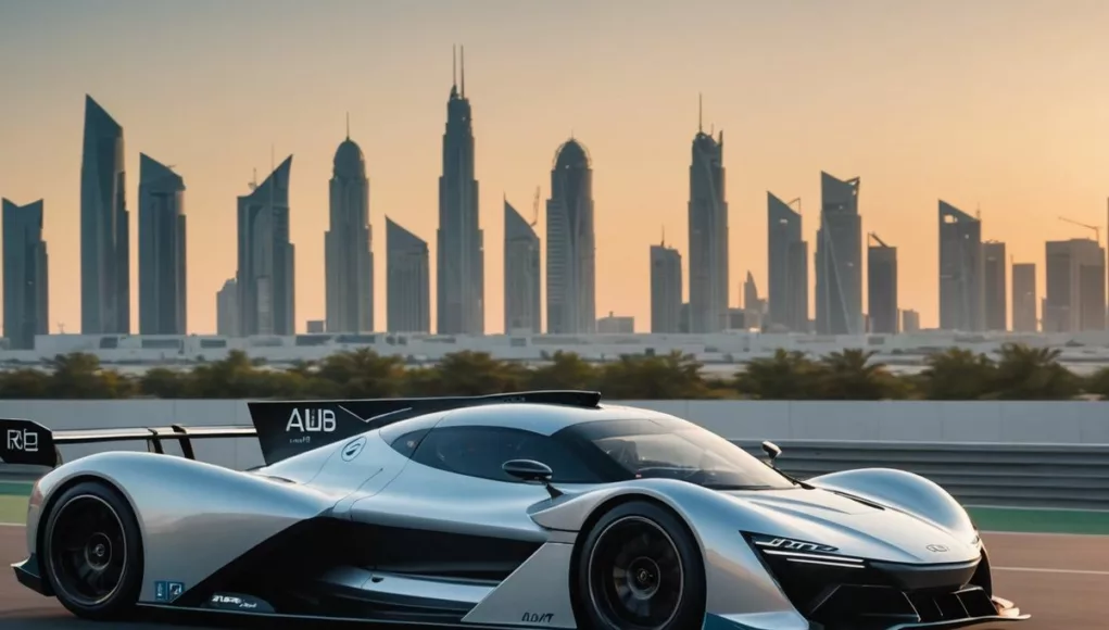 Driverless race car on Abu Dhabi racetrack at sunset.