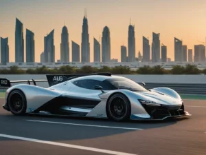 Driverless race car on Abu Dhabi racetrack at sunset.