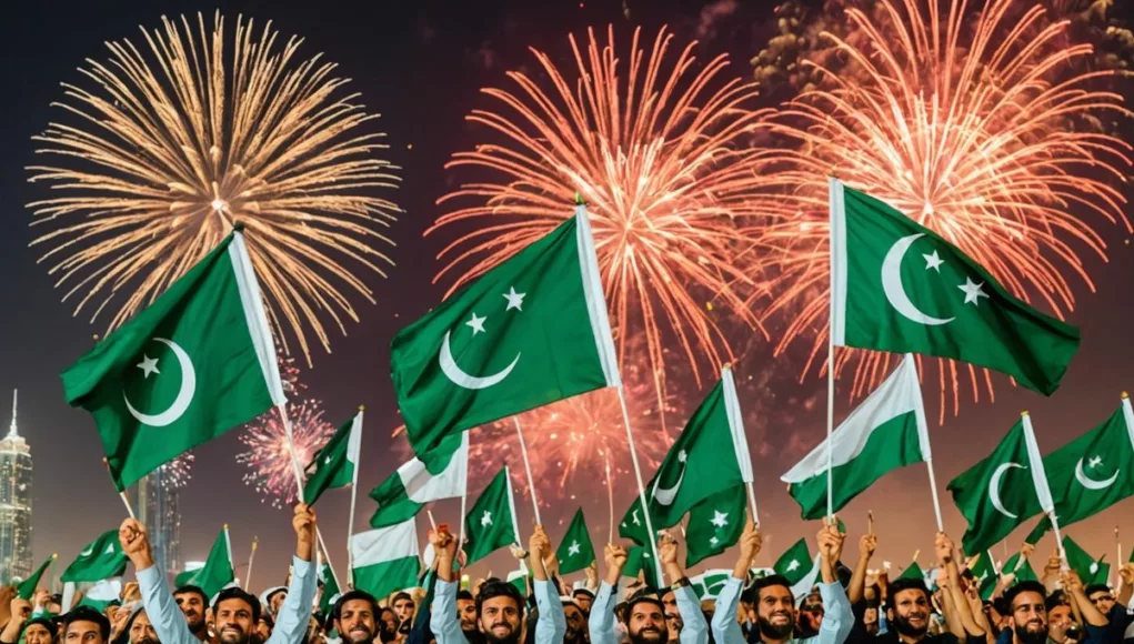 Pakistanis in UAE celebrating with flags and fireworks