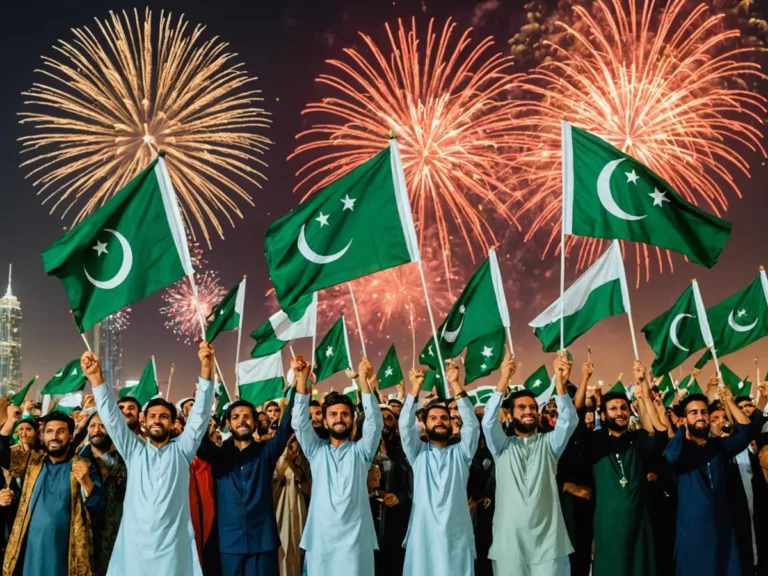 Pakistanis in UAE celebrating with flags and fireworks