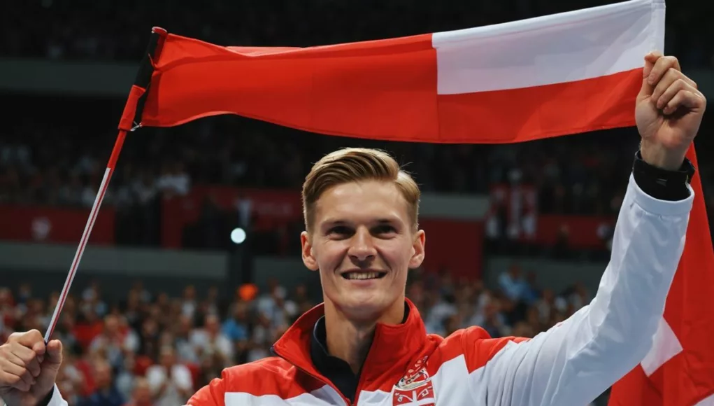 Viktor Axelsen holding Danish flag after winning Olympic gold