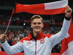 Viktor Axelsen holding Danish flag after winning Olympic gold