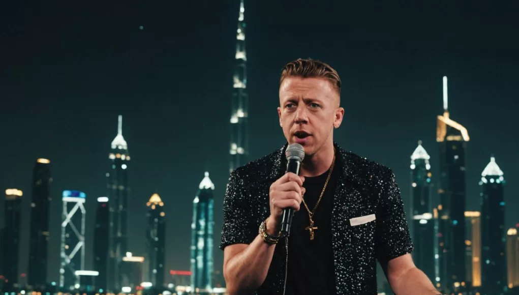 Macklemore looking disappointed on stage in Dubai