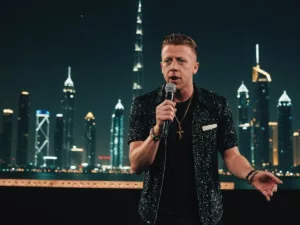 Macklemore looking disappointed on stage in Dubai