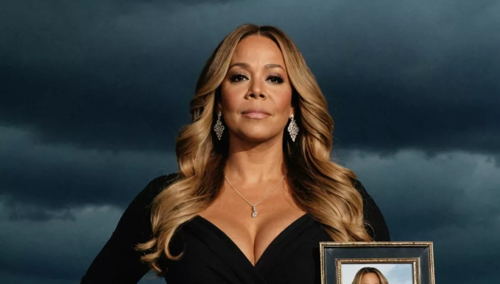 Mariah Carey holding a framed photo, looking somber