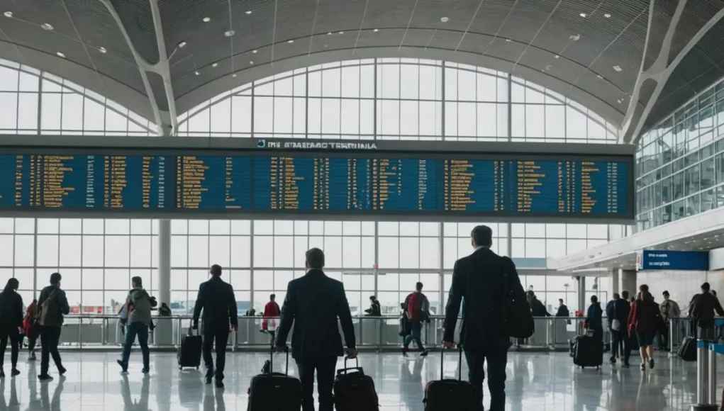 Travelers at airport with hand baggage