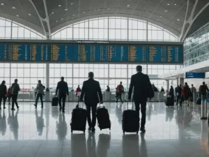 Travelers at airport with hand baggage