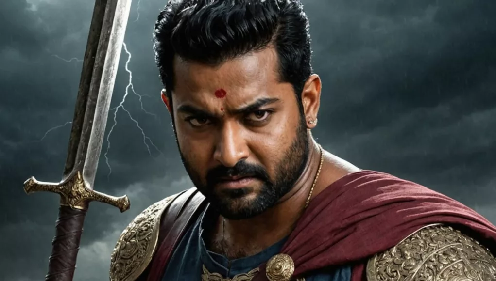 Jr NTR in warrior attire holding a sword