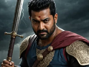 Jr NTR in warrior attire holding a sword