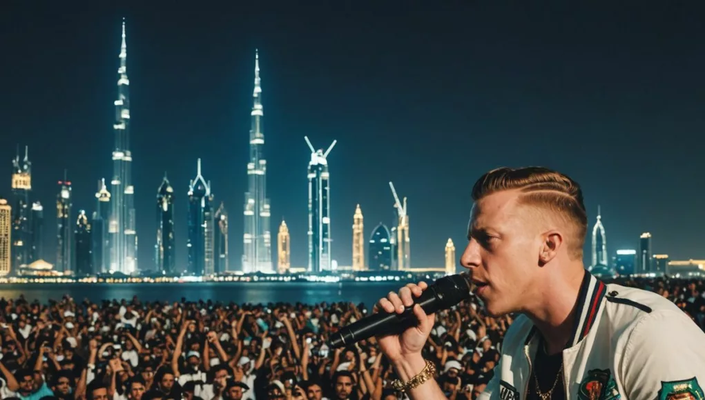 Macklemore on stage, Dubai skyline, disappointed fans