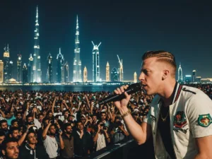 Macklemore on stage, Dubai skyline, disappointed fans