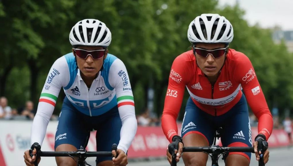 Safiya Al Saigh cycling in Paris Olympics, determined and focused.