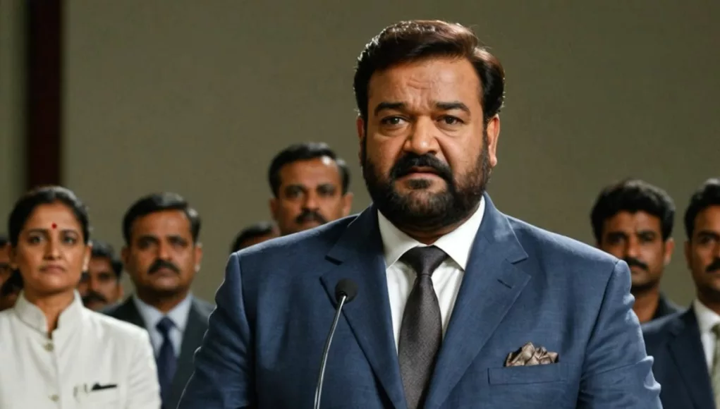 Mohanlal stepping down from podium, crowd watching