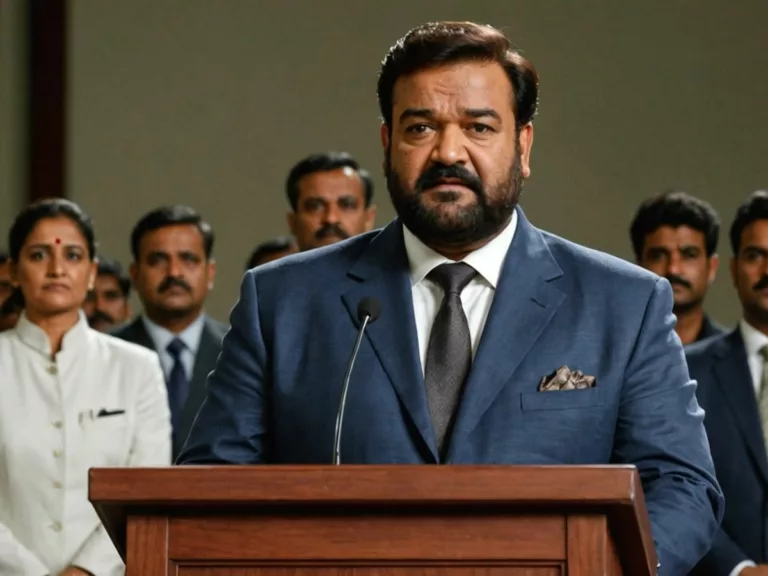 Mohanlal stepping down from podium, crowd watching