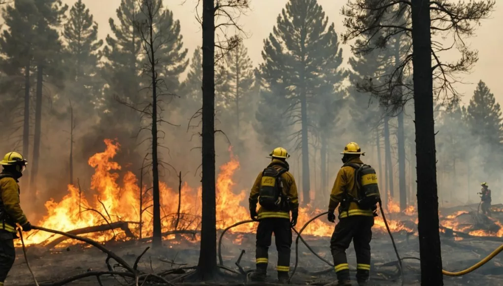 Firefighters battling flames and smoke in a forest