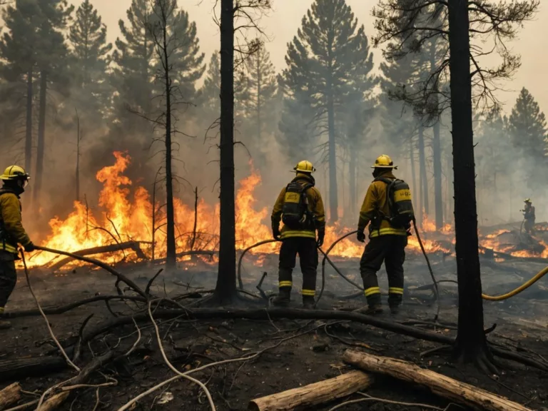 Firefighters battling flames and smoke in a forest