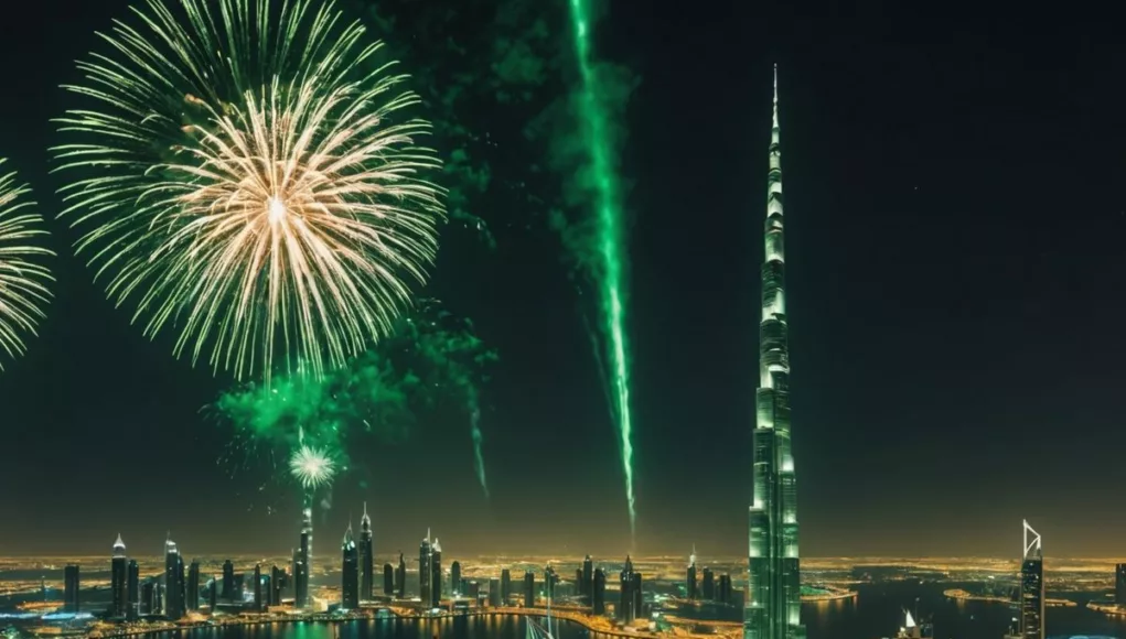 Dubai skyline with fireworks and Pakistani flags