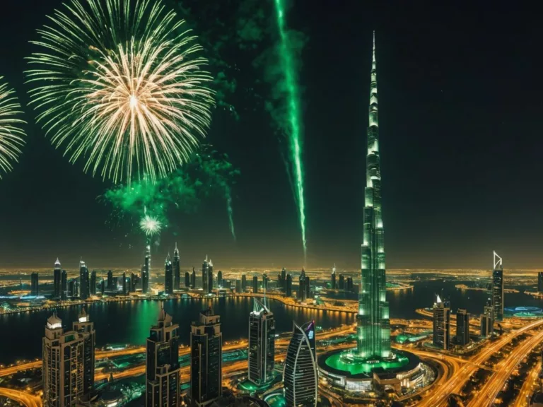 Dubai skyline with fireworks and Pakistani flags