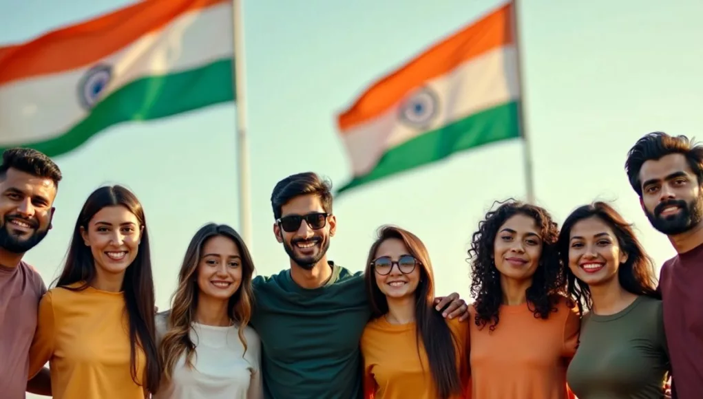 Diverse individuals united with an Indian flag backdrop.