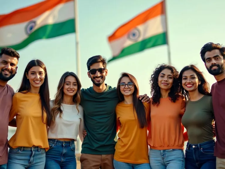 Diverse individuals united with an Indian flag backdrop.