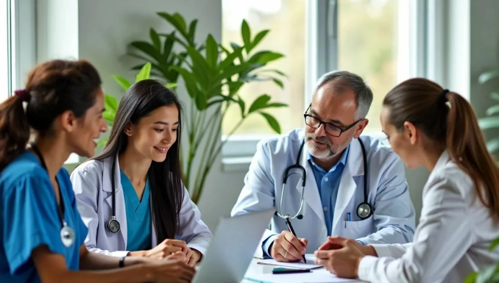 Diverse healthcare professionals collaborating in a modern conference room.