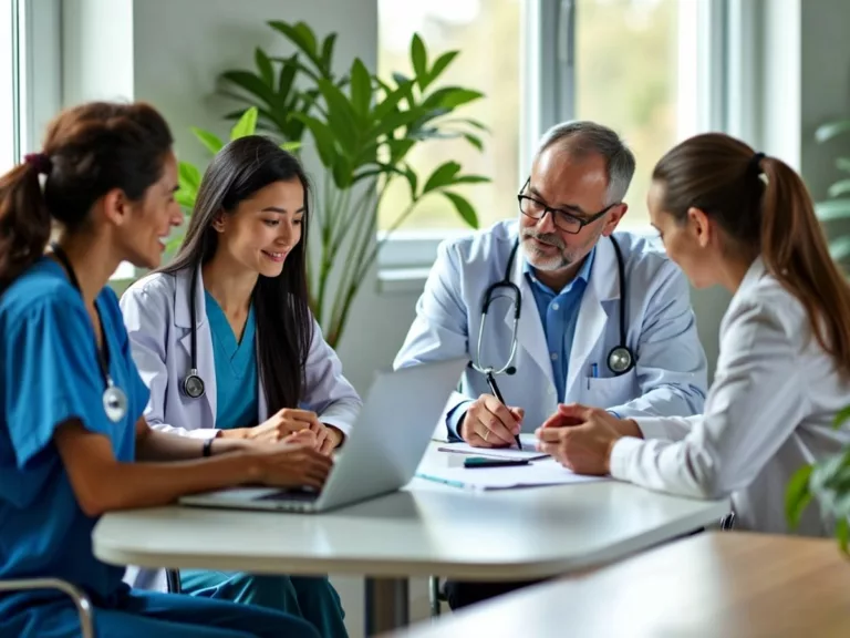 Diverse healthcare professionals collaborating in a modern conference room.