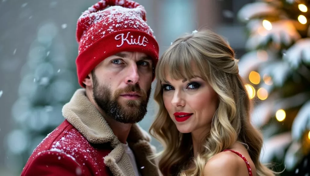 Taylor Swift and Travis Kelce in holiday attire