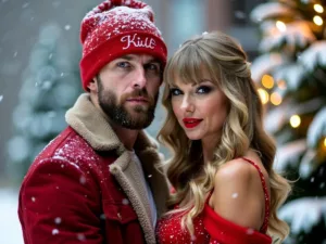 Taylor Swift and Travis Kelce in holiday attire