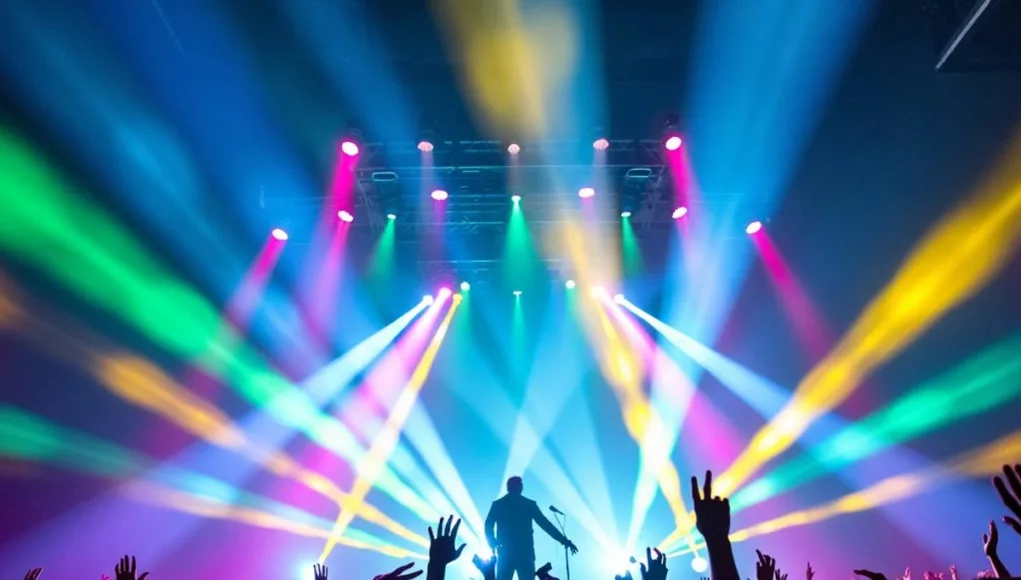 Coldplay performing live with colorful stage lights.