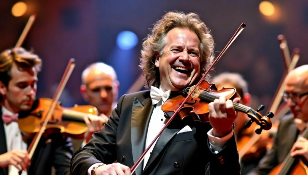 André Rieu performing on stage with orchestra