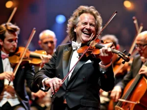 André Rieu performing on stage with orchestra