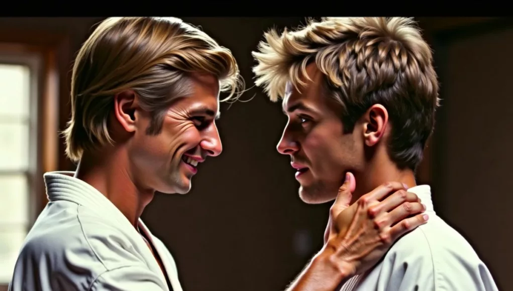 William Zabka and Chad McQueen in dojo