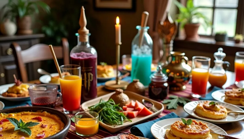 Harry Potter-themed brunch with magical dishes and decorations.