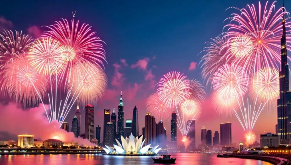 Fireworks over Dubai and Abu Dhabi landmarks.