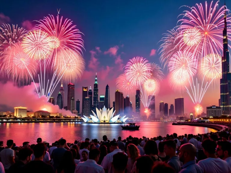 Fireworks over Dubai and Abu Dhabi landmarks.