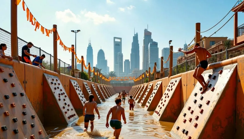 Participants tackling obstacles in a muddy course in Dubai.