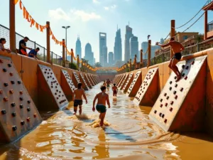 Participants tackling obstacles in a muddy course in Dubai.