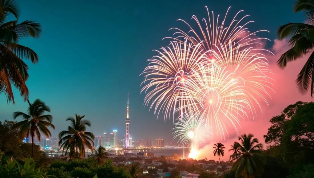 Fireworks over a rainforest celebrating Saudi National Day.