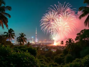 Fireworks over a rainforest celebrating Saudi National Day.