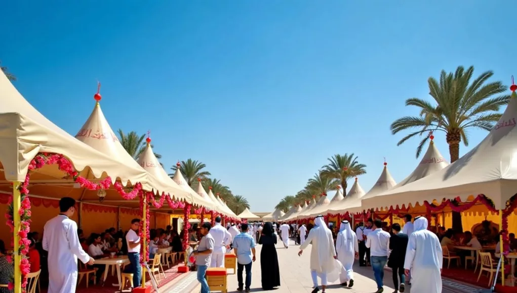 Traditional Emirati tents and cultural performances in Abu Dhabi.