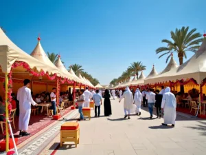 Traditional Emirati tents and cultural performances in Abu Dhabi.