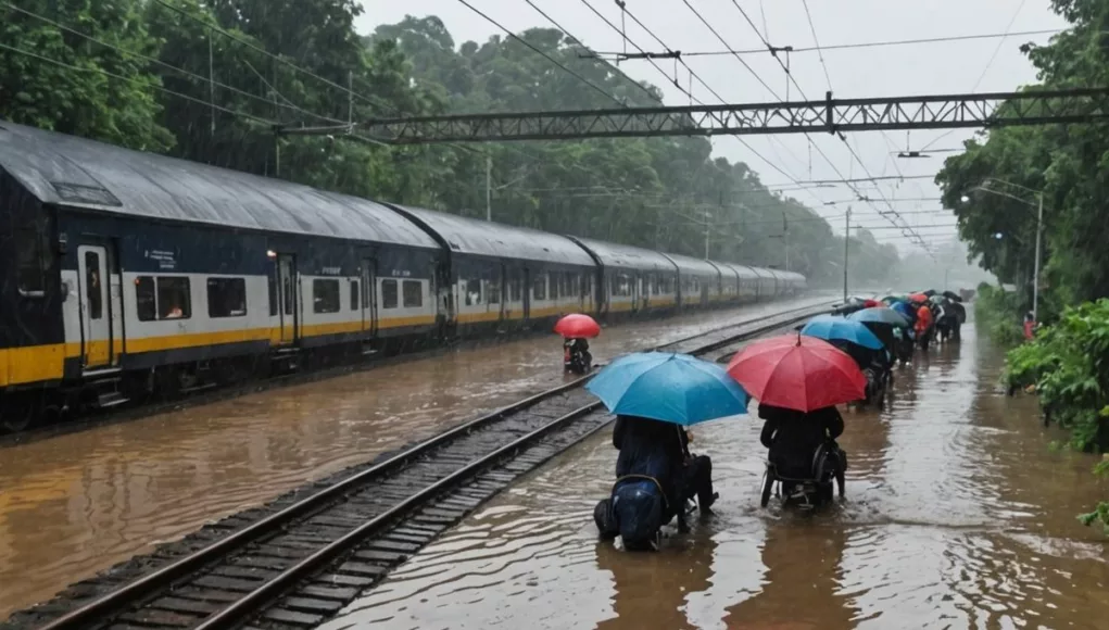 Flooded railway track with stranded passengers