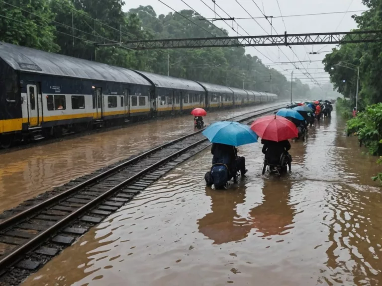 Flooded railway track with stranded passengers