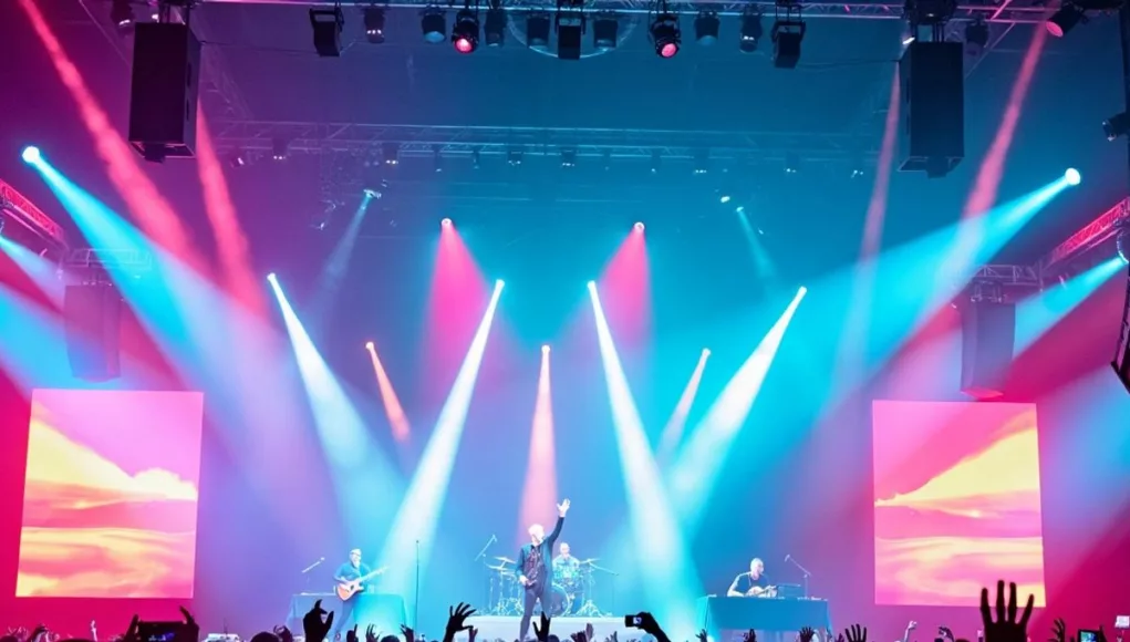 Coldplay performing live on stage with colorful lights.