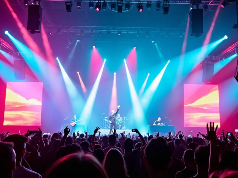 Coldplay performing live on stage with colorful lights.